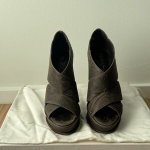 Elizabeth and James Brown Leather Platform Peep-Toe Ankle Boots